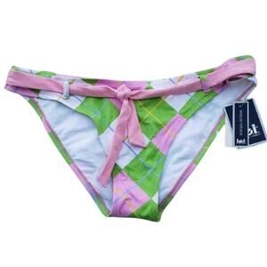New LEI Surf Womens Large Green Pink Plaid Separates Bikini Bottoms ONLY